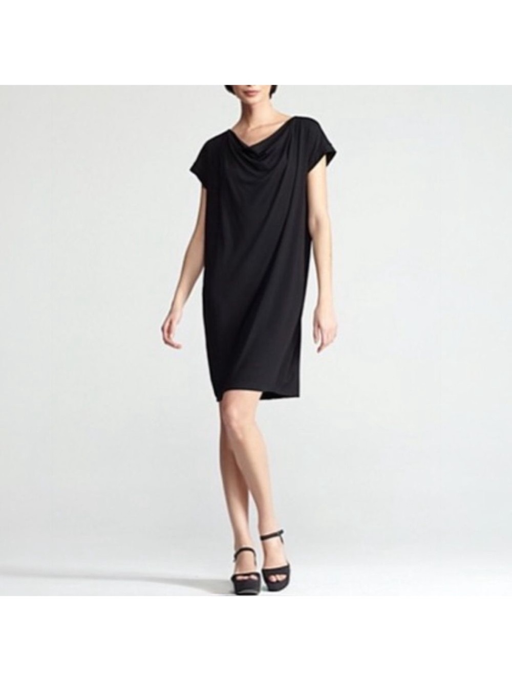 Eileen‎ Fisher Black Jersey Drape Front Shift Dress Size Medium